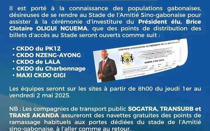 Investiture du président de la République : des billets d’entrée au stade et le transport gratuit pour les gabonais voulant assister à l’événement samedi