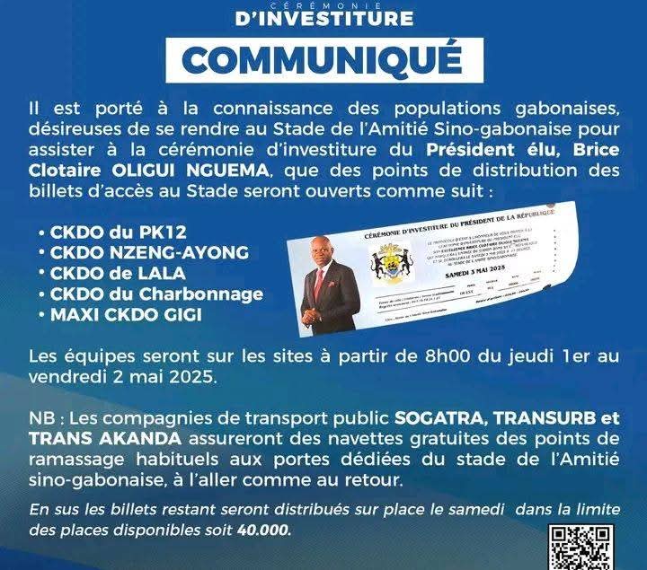 Investiture du président de la République : des billets d’entrée au stade et le transport gratuit pour les gabonais voulant assister à l’événement samedi